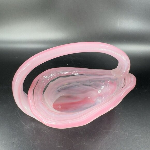 Vintage Sooner Glass Hand Made Pink Swirls Dish Bowl With Handle Basket Handmade - Picture 13 of 14